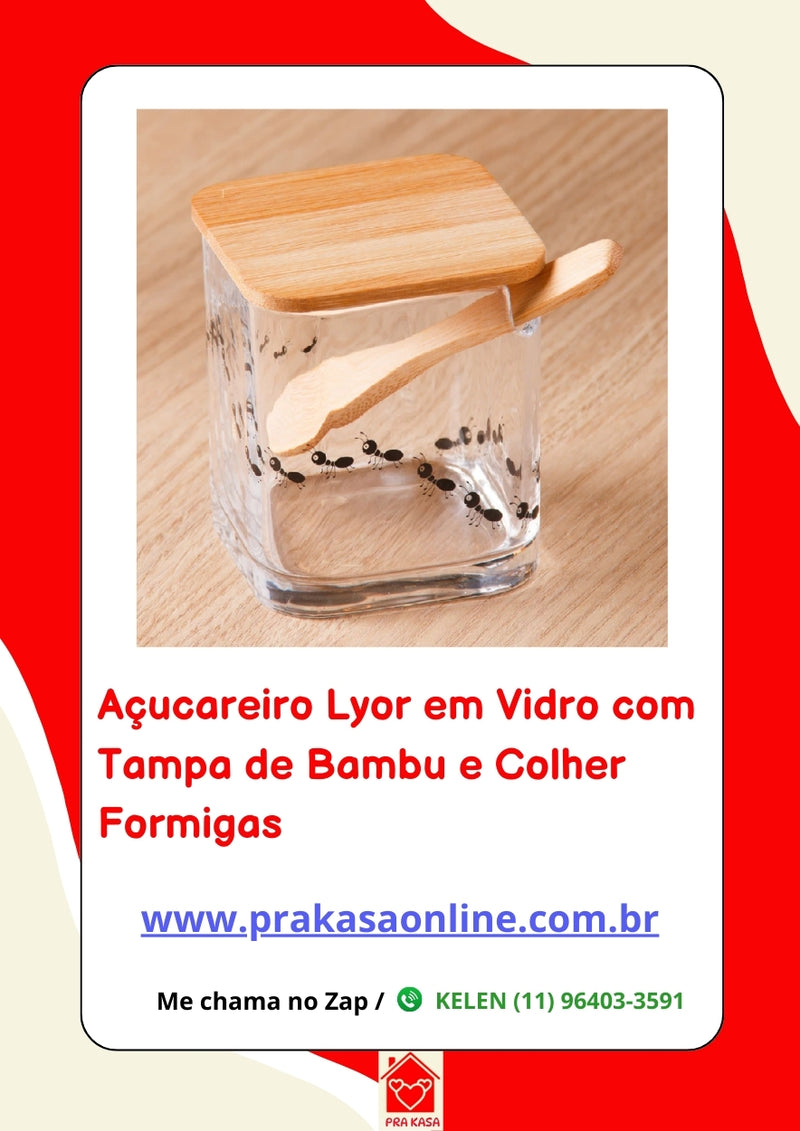 Açucareiro Lyor em Vidro com Tampa de Bambu e Colher Formigas
