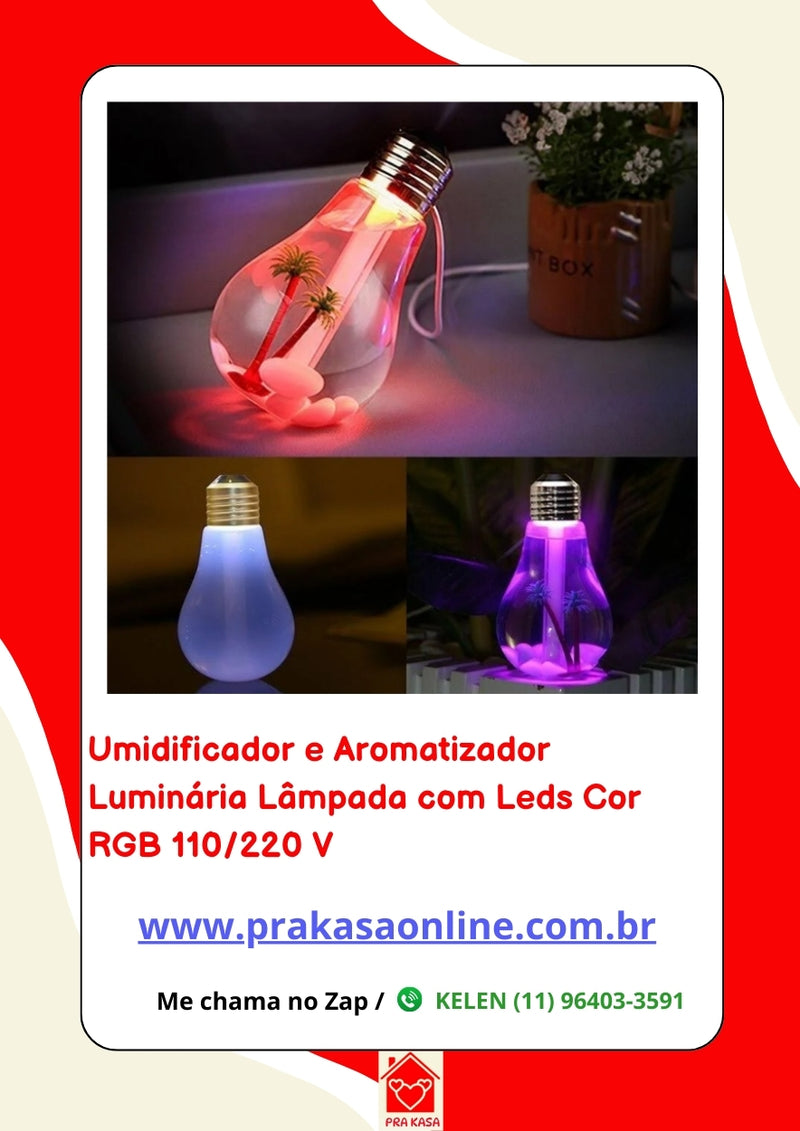 Umidificador e Aromatizador Luminária Lâmpada com Leds Cor RGB 110/220 V
