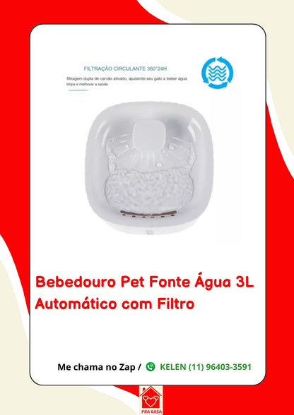 Bebedouro Fonte de Água Elevado Automático com Filtro para Pet - 3L