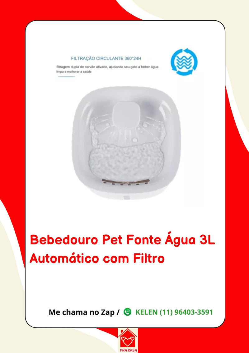 Bebedouro Fonte de Água Elevado Automático com Filtro para Pet - 3L