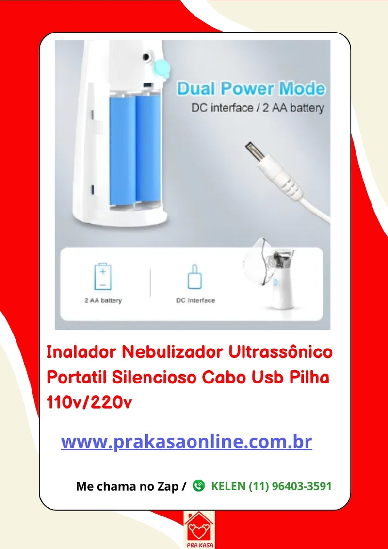 Nebulizador Portátil Silencioso Cabo Usb ou Pilha Bivolt