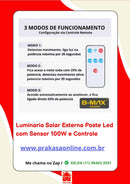 Luminaria Solar Externa Poste Led com Sensor 100W e Controle