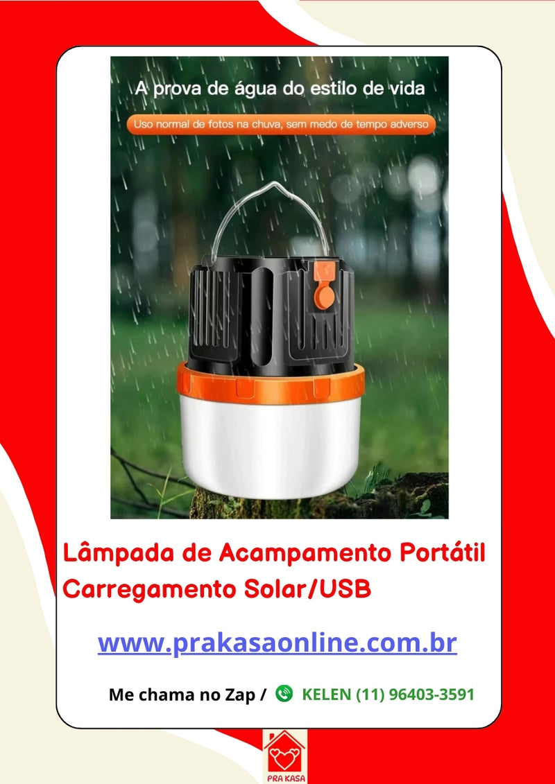 Lâmpada de Acampamento Portátil Carregamento Solar/USB