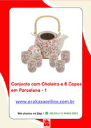 Conjunto de Chá em Porcelana Oriental 7 Peças – Chaleira 950 ml + 6 Copos 175 ml com Estampa Floral ou Oriental