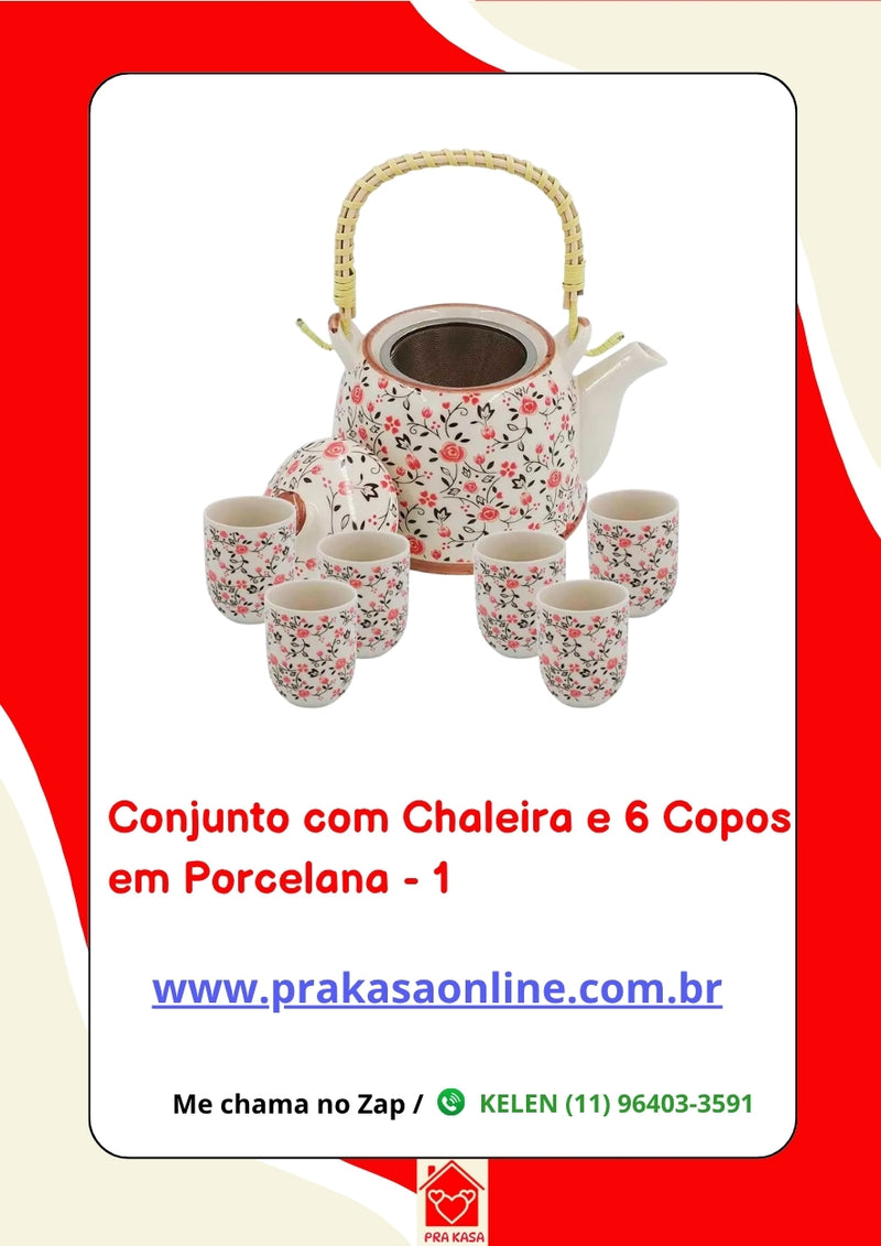 Conjunto de Chá em Porcelana Oriental 7 Peças – Chaleira 950 ml + 6 Copos 175 ml com Estampa Floral ou Oriental
