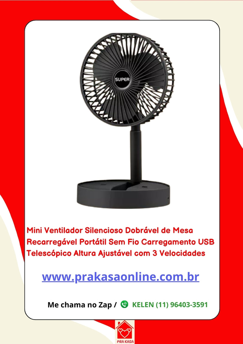 Mini Ventilador Silencioso Dobrável de Mesa Recarregável Portátil Sem Fio Carregamento USB Telescópico Altura Ajustável com 3 Velocidades