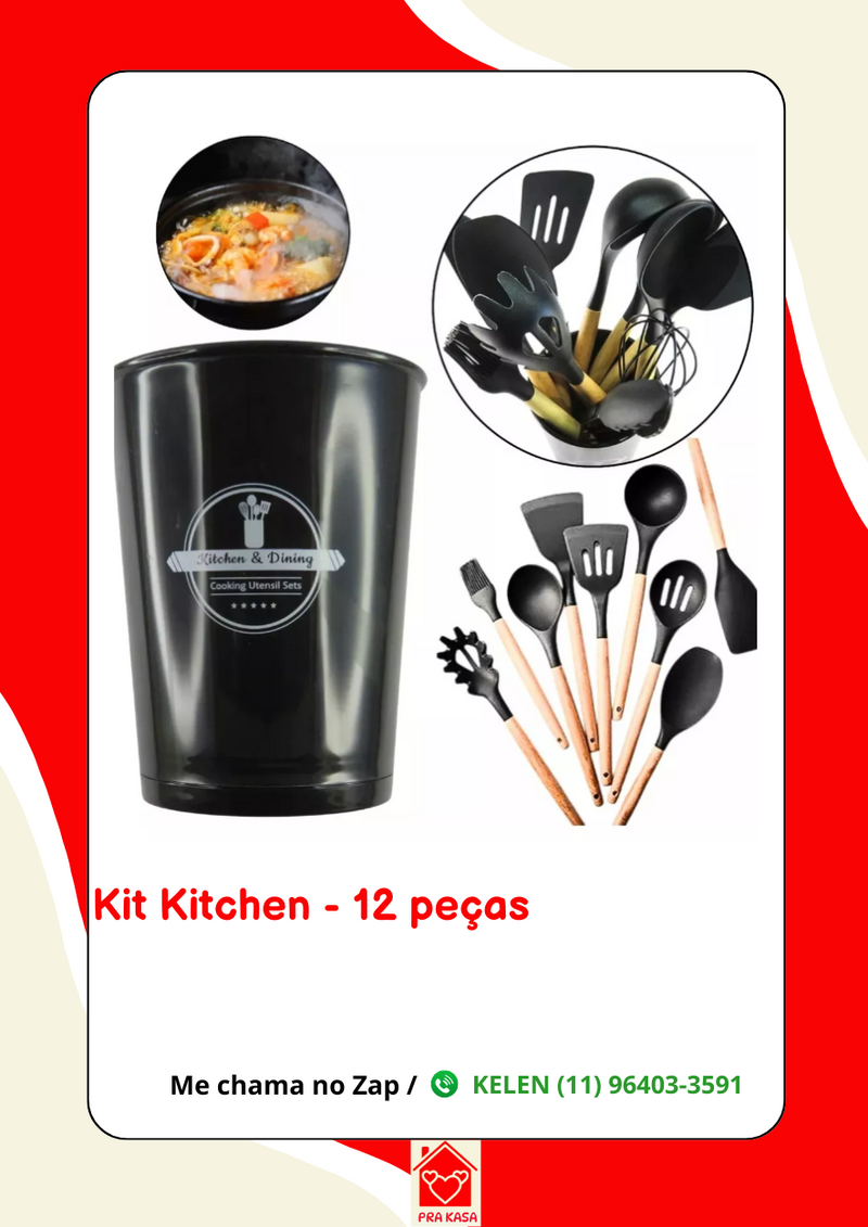 Kit de 12 Peças de Utensílios de Cozinha em Silicone Maciço e Cabo de Madeira