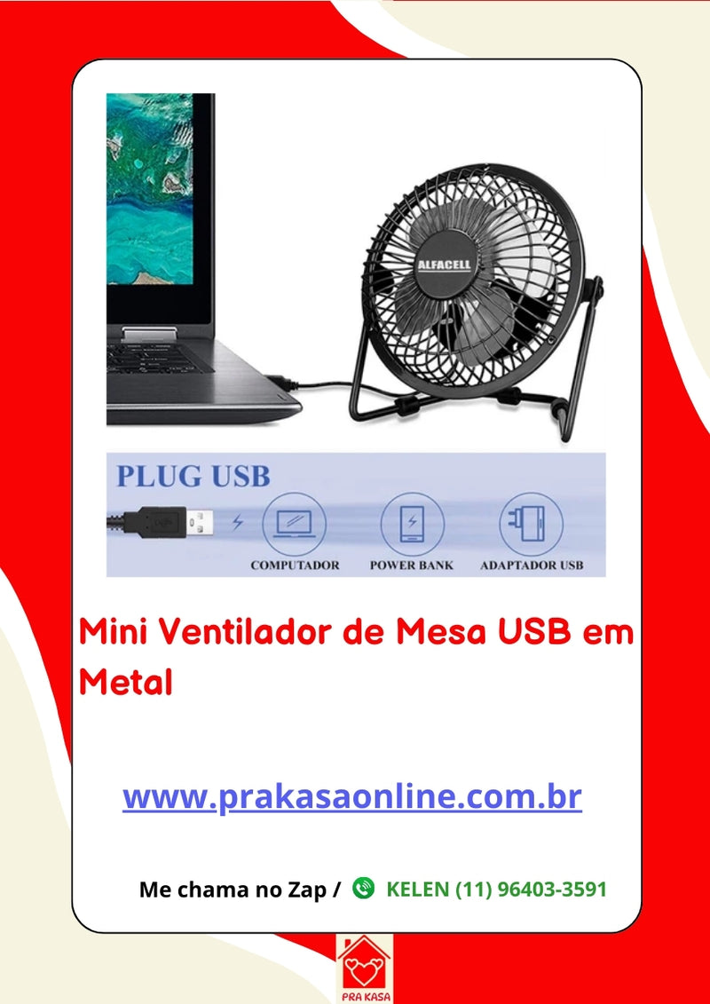 Mini Ventilador de Mesa USB em Metal