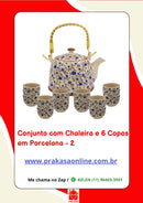 Conjunto de Chá em Porcelana Oriental 7 Peças – Chaleira 950 ml + 6 Copos 175 ml com Estampa Floral ou Oriental