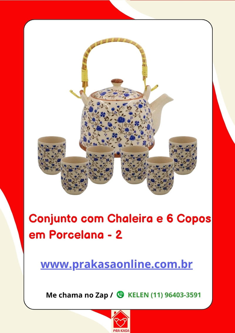 Conjunto de Chá em Porcelana Oriental 7 Peças – Chaleira 950 ml + 6 Copos 175 ml com Estampa Floral ou Oriental
