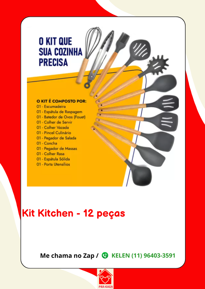 Kit de 12 Peças de Utensílios de Cozinha em Silicone Maciço e Cabo de Madeira