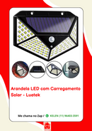 Luminária Arandela Solar Refletor Parede 100 LEDs, Com Sensor De Presença, Recarregavel, Para Quintal e Jardim