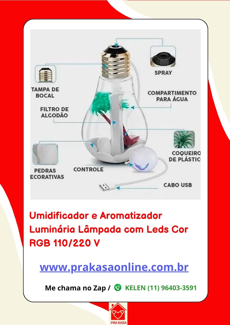 Umidificador e Aromatizador Luminária Lâmpada com Leds Cor RGB 110/220 V