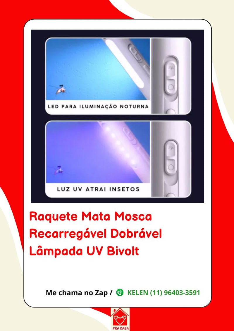 Raquete Elétrica Recarregável Mosquito Automática com Luz UV