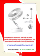 Mini Ventilador Silencioso Dobrável de Mesa Recarregável Portátil Sem Fio Carregamento USB Telescópico Altura Ajustável com 3 Velocidades