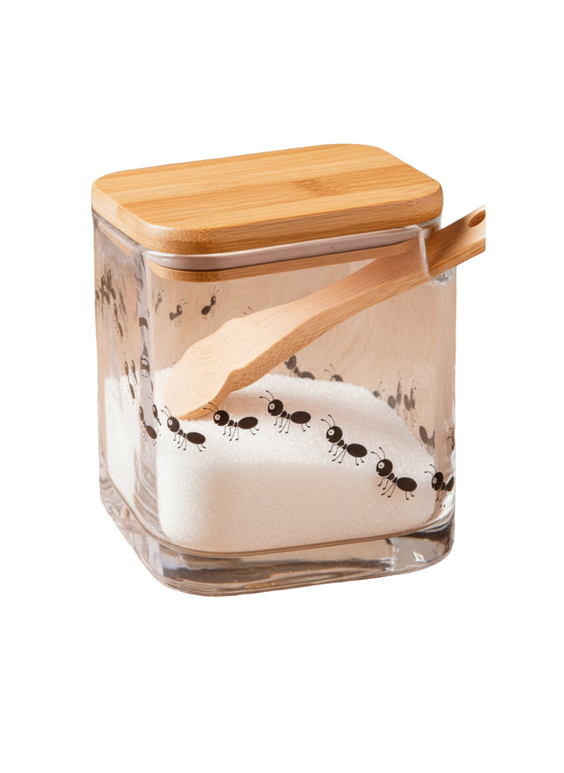Açucareiro Lyor em Vidro com Tampa de Bambu e Colher Formigas