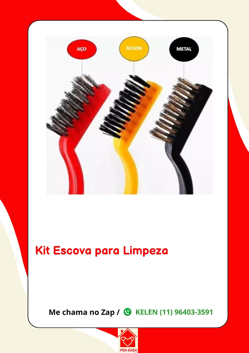 Kit 3 Escovas Limpeza Cerdas em Aço, Latão e Nylon Grelha Cantinho