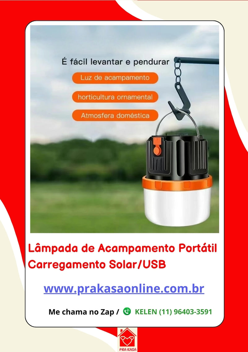 Lâmpada de Acampamento Portátil Carregamento Solar/USB