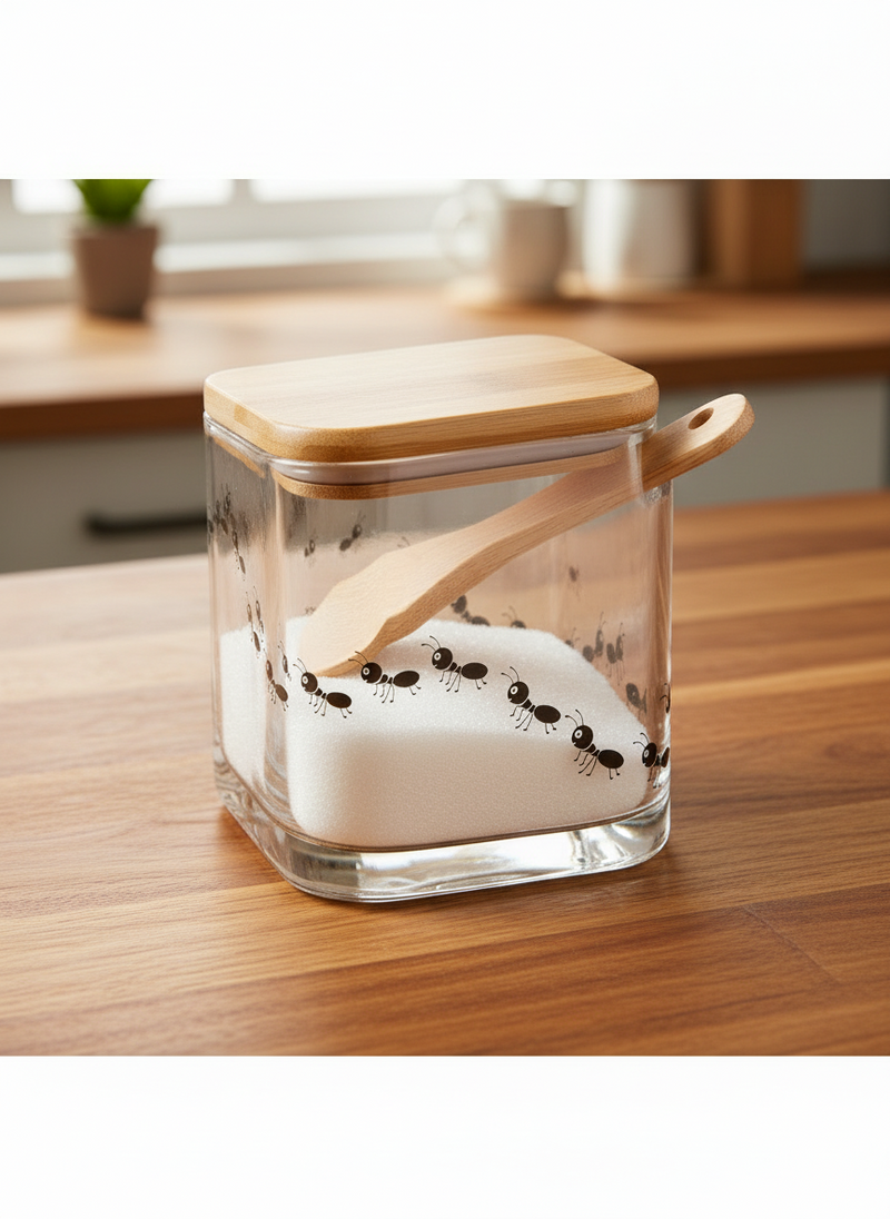 Açucareiro Lyor em Vidro com Tampa de Bambu e Colher Formigas