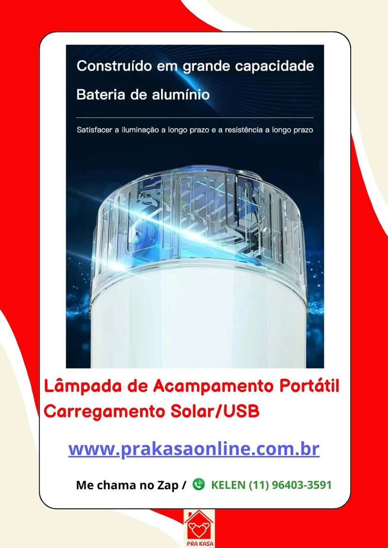 Lâmpada de Acampamento Portátil Carregamento Solar/USB