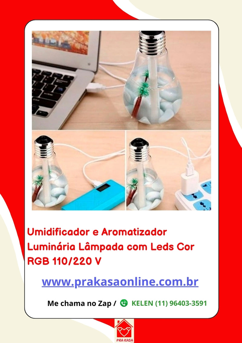 Umidificador e Aromatizador Luminária Lâmpada com Leds Cor RGB 110/220 V