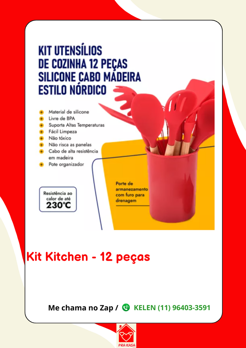Kit de 12 Peças de Utensílios de Cozinha em Silicone Maciço e Cabo de Madeira