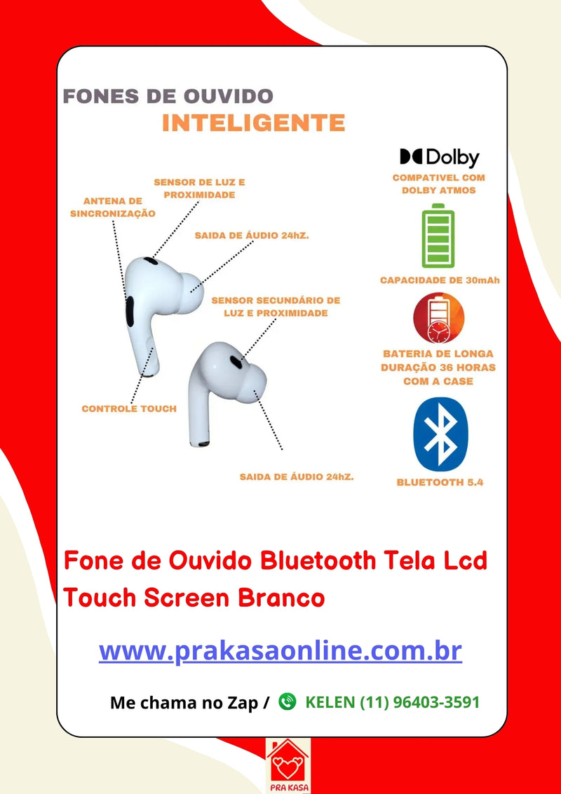 Fone de Ouvido Bluetooth Tela Lcd Touch Screen Branco