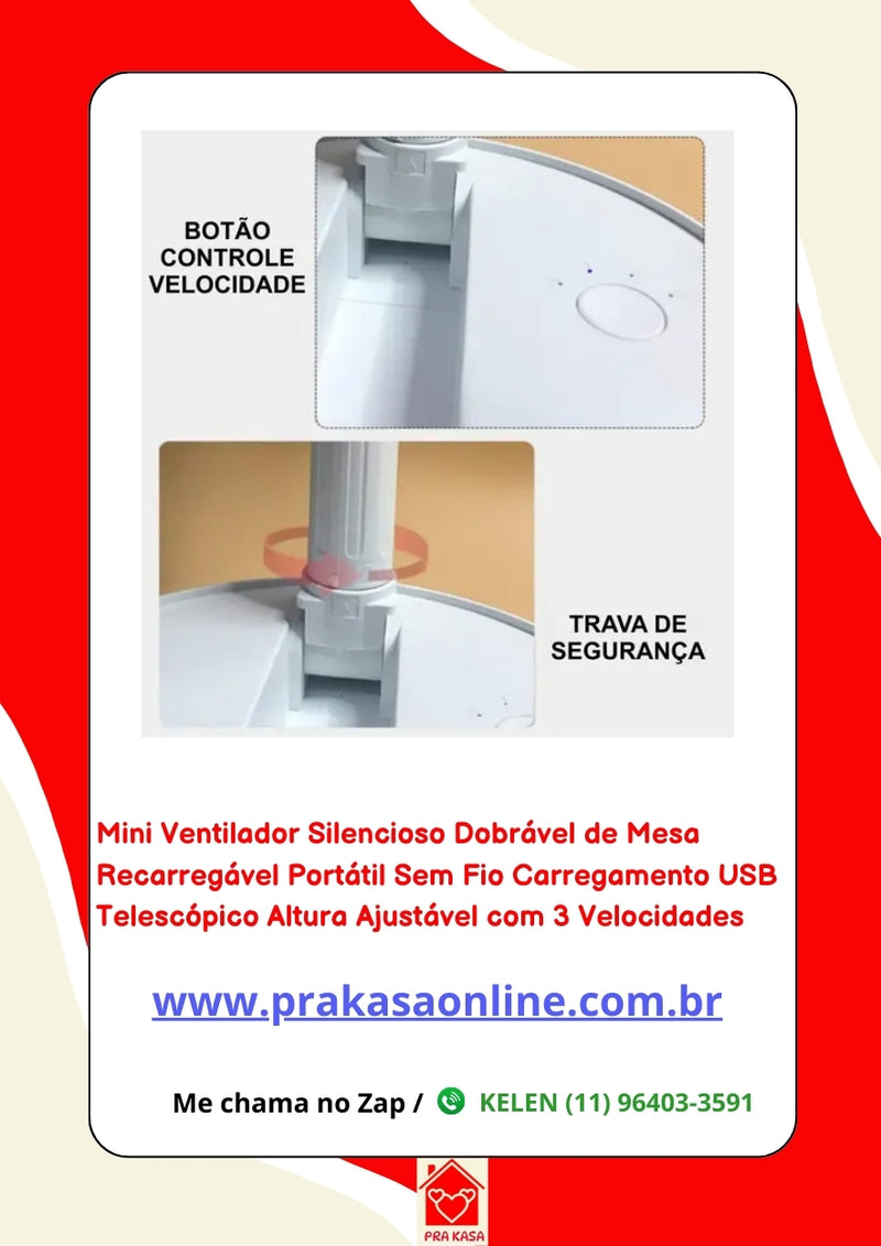 Mini Ventilador Silencioso Dobrável de Mesa Recarregável Portátil Sem Fio Carregamento USB Telescópico Altura Ajustável com 3 Velocidades