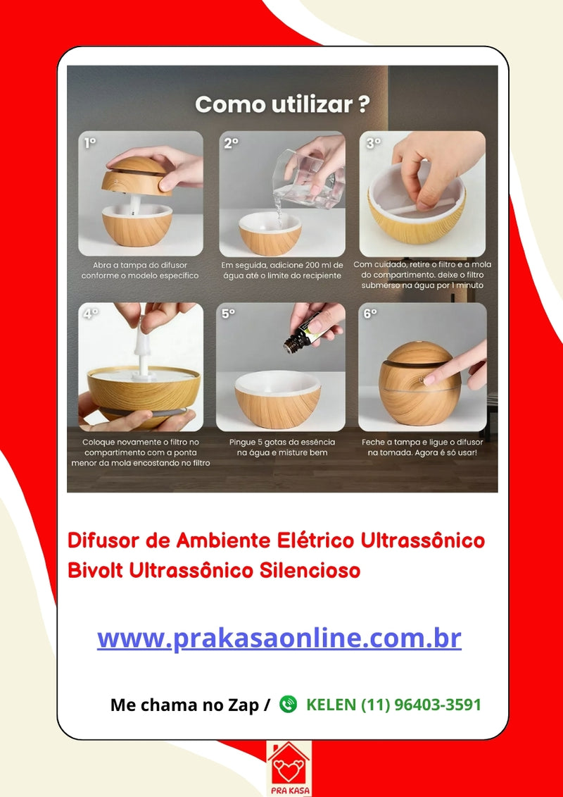 Difusor de Ambiente Elétrico Ultrassônico Bivolt Ultrassônico Silencioso