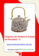 Conjunto de Chá em Porcelana Oriental 7 Peças – Chaleira 950 ml + 6 Copos 175 ml com Estampa Floral ou Oriental
