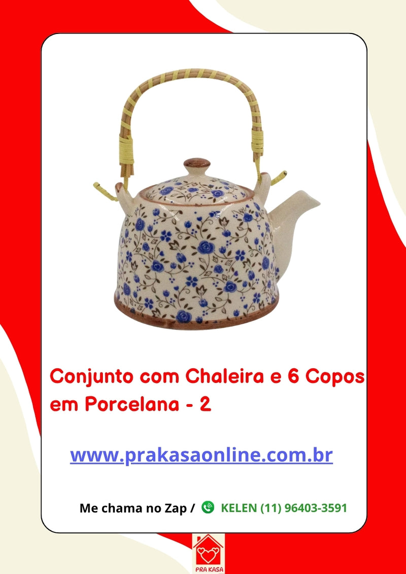Conjunto de Chá em Porcelana Oriental 7 Peças – Chaleira 950 ml + 6 Copos 175 ml com Estampa Floral ou Oriental