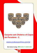 Conjunto de Chá em Porcelana Oriental 7 Peças – Chaleira 950 ml + 6 Copos 175 ml com Estampa Floral ou Oriental