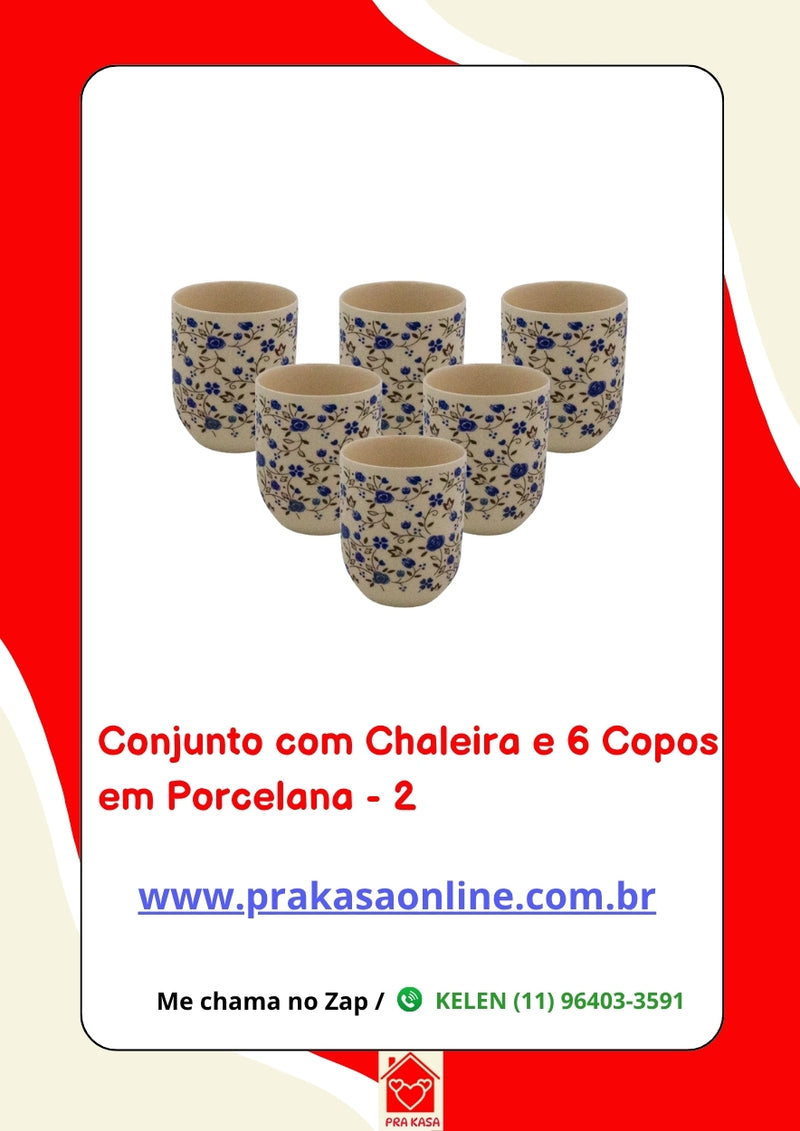 Conjunto de Chá em Porcelana Oriental 7 Peças – Chaleira 950 ml + 6 Copos 175 ml com Estampa Floral ou Oriental