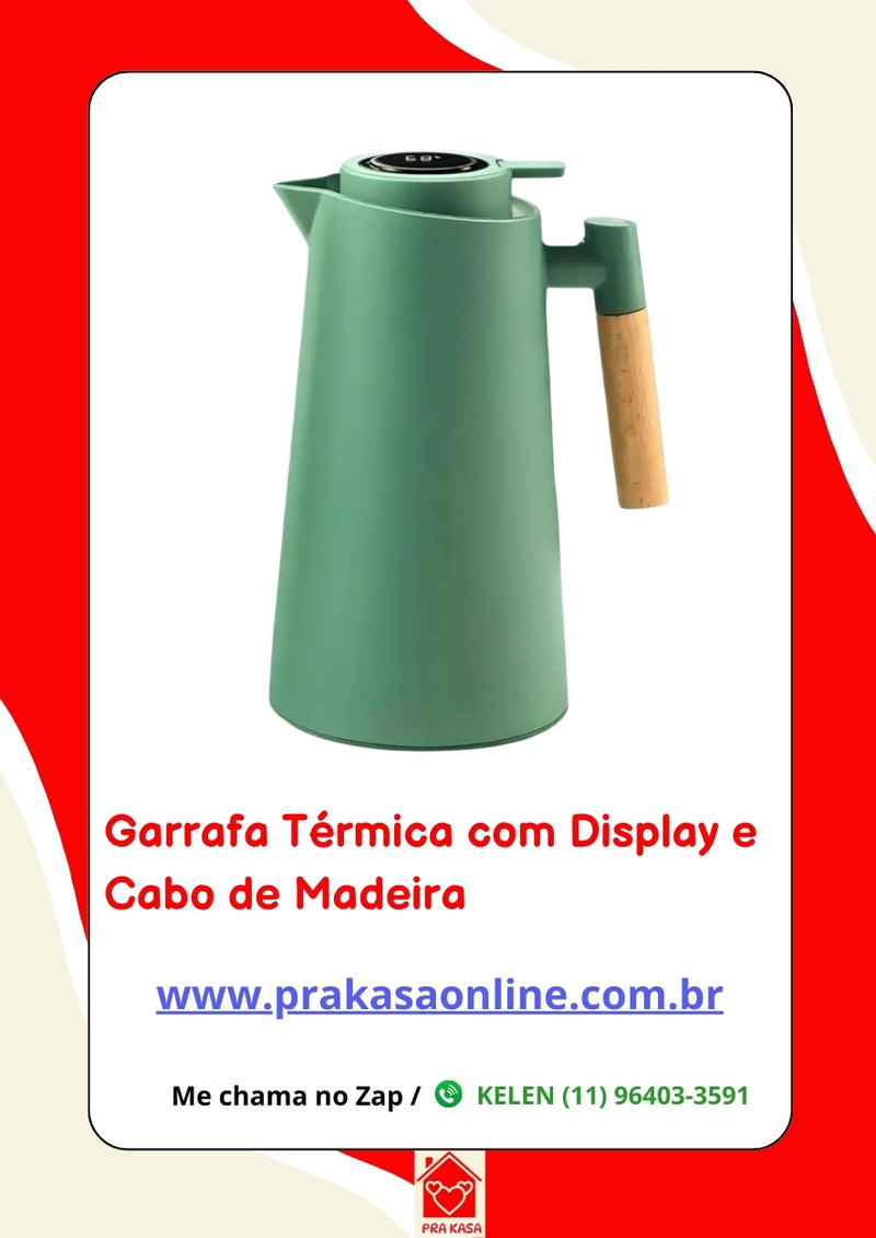 Garrafa Térmica de 1L Plástico com Cabo de Madeira e Termômetro Quente e Frio