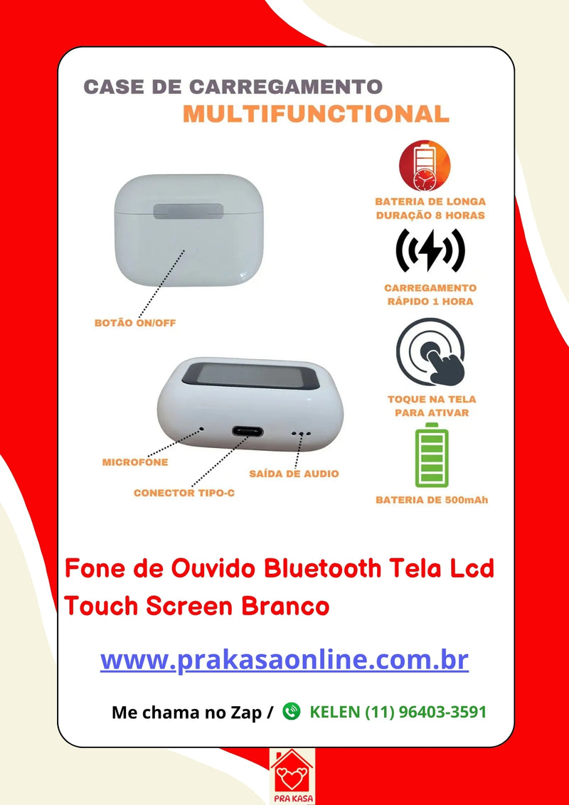 Fone de Ouvido Bluetooth Tela Lcd Touch Screen Branco