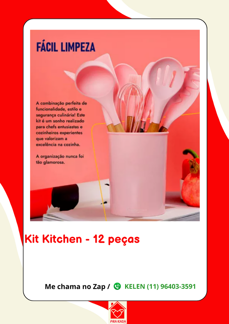 Kit de 12 Peças de Utensílios de Cozinha em Silicone Maciço e Cabo de Madeira