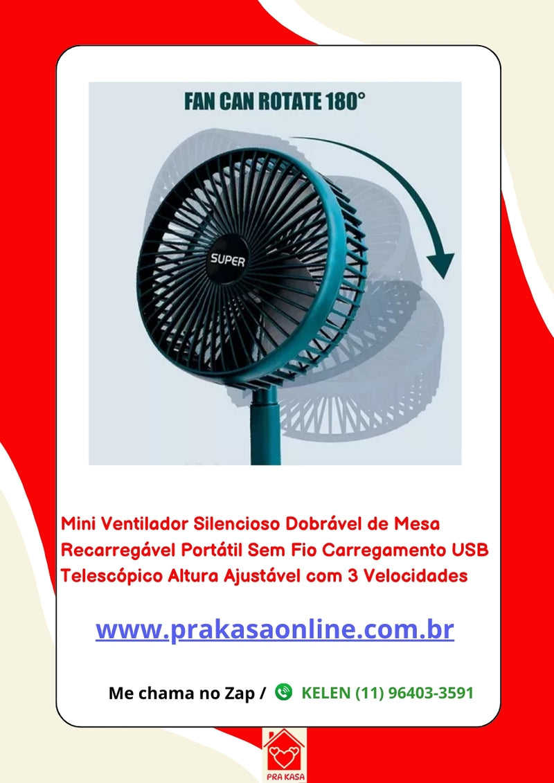 Mini Ventilador Silencioso Dobrável de Mesa Recarregável Portátil Sem Fio Carregamento USB Telescópico Altura Ajustável com 3 Velocidades