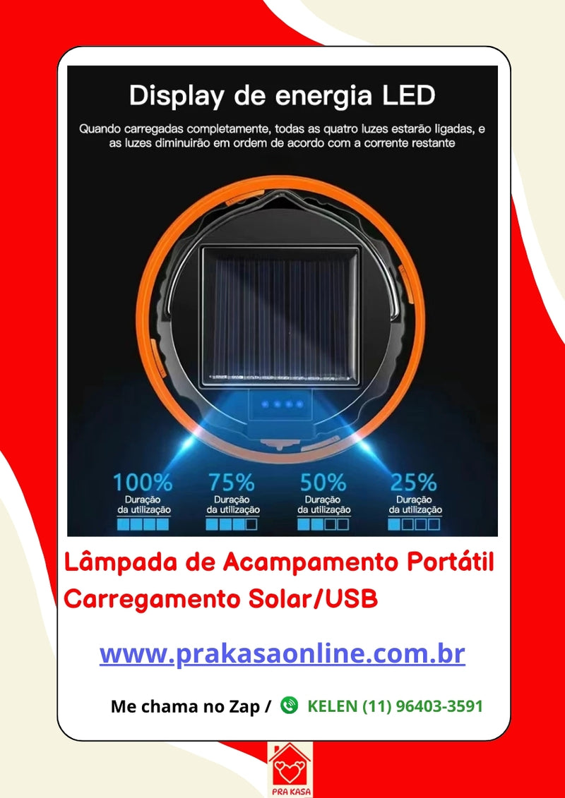 Lâmpada de Acampamento Portátil Carregamento Solar/USB