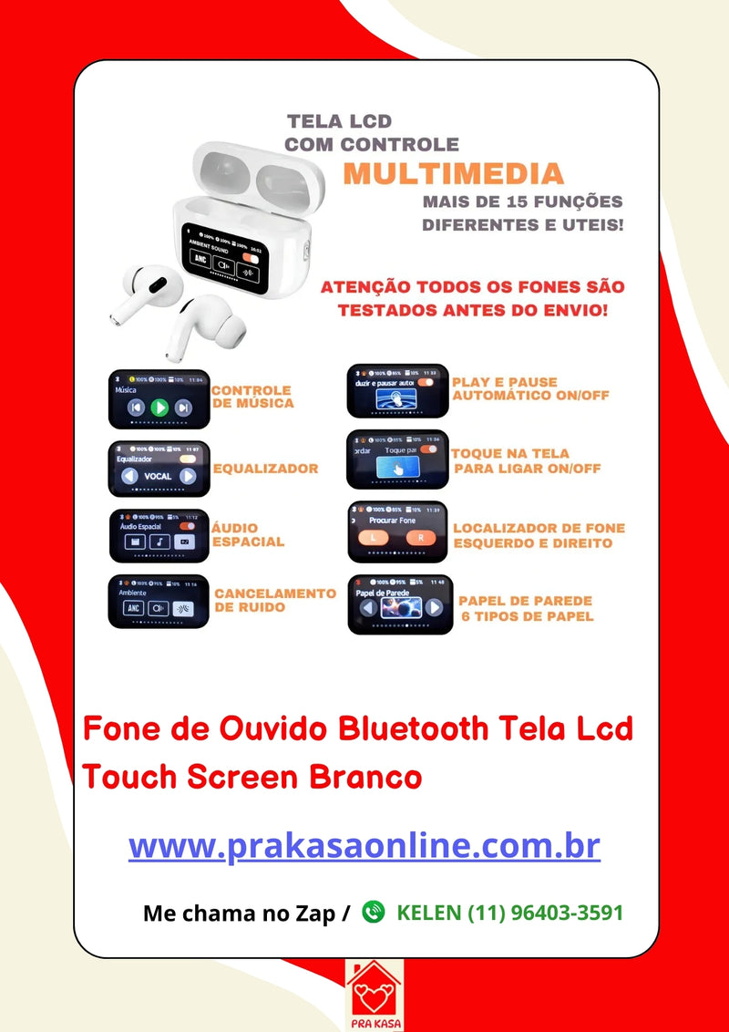 Fone de Ouvido Bluetooth Tela Lcd Touch Screen Branco