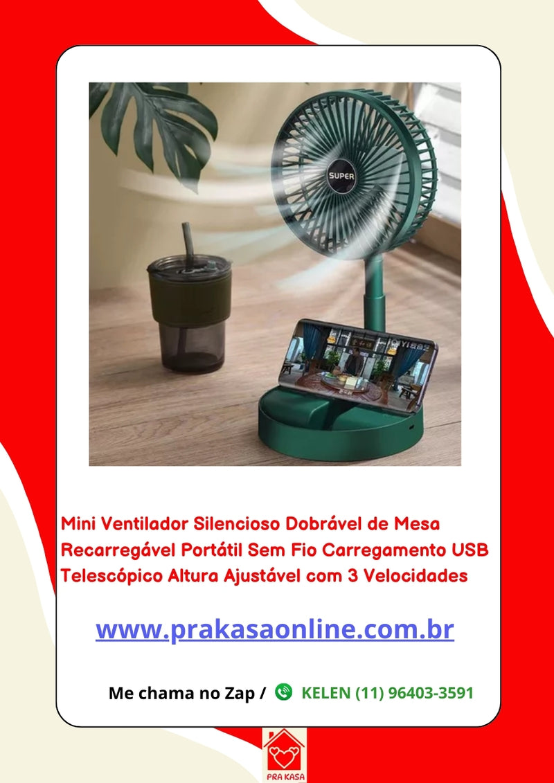 Mini Ventilador Silencioso Dobrável de Mesa Recarregável Portátil Sem Fio Carregamento USB Telescópico Altura Ajustável com 3 Velocidades