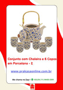 Conjunto de Chá em Porcelana Oriental 7 Peças – Chaleira 950 ml + 6 Copos 175 ml com Estampa Floral ou Oriental