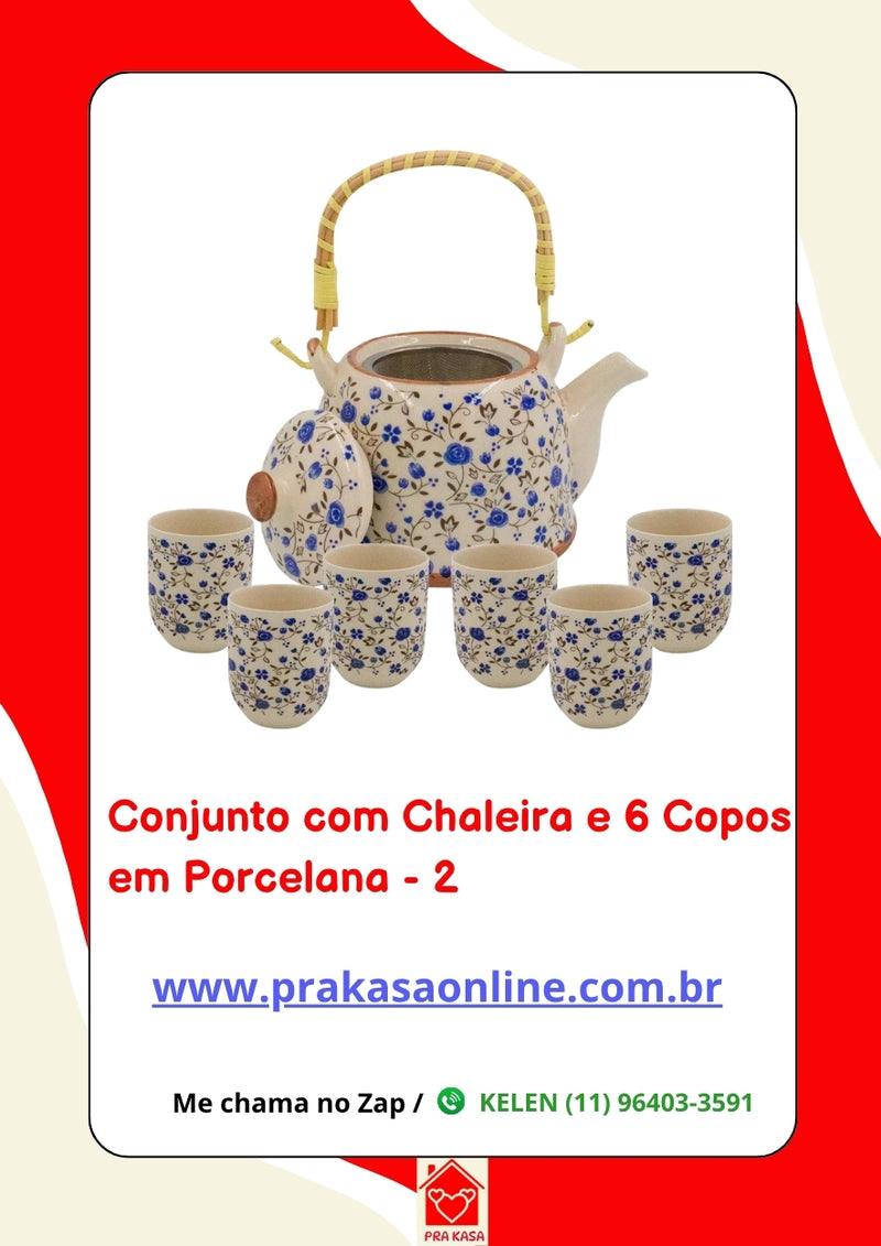 Conjunto de Chá em Porcelana Oriental 7 Peças – Chaleira 950 ml + 6 Copos 175 ml com Estampa Floral ou Oriental