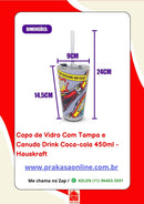 Copo de Vidro Com Tampa e Canudo Drink Coca-cola 450ml - Hauskraft