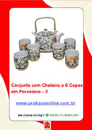 Conjunto de Chá em Porcelana Oriental 7 Peças – Chaleira 950 ml + 6 Copos 175 ml com Estampa Floral ou Oriental