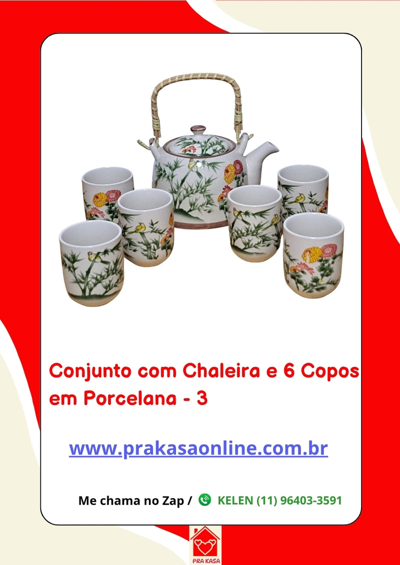 Conjunto de Chá em Porcelana Oriental 7 Peças – Chaleira 950 ml + 6 Copos 175 ml com Estampa Floral ou Oriental