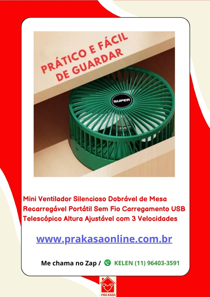 Mini Ventilador Silencioso Dobrável de Mesa Recarregável Portátil Sem Fio Carregamento USB Telescópico Altura Ajustável com 3 Velocidades