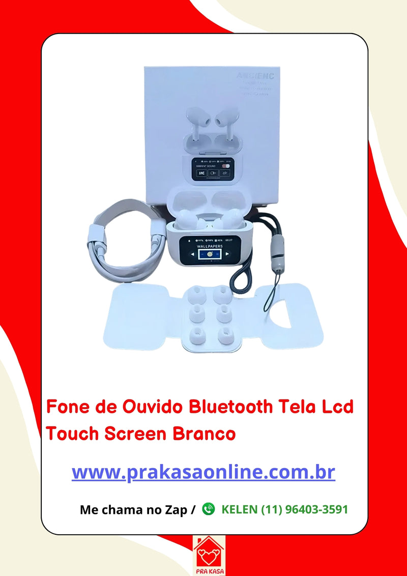 Fone de Ouvido Bluetooth Tela Lcd Touch Screen Branco