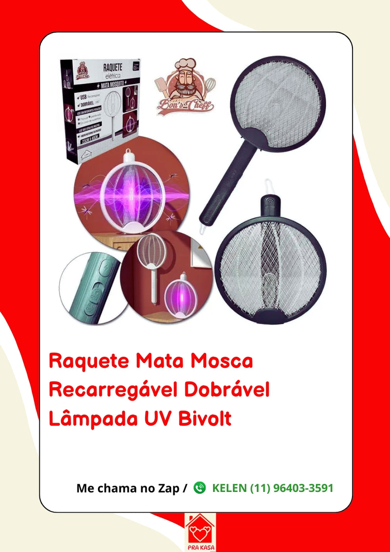 Raquete Elétrica Recarregável Mosquito Automática com Luz UV